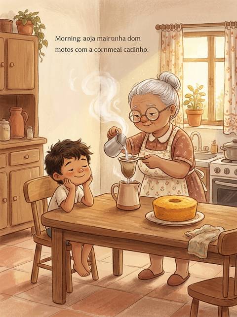 Página do livro: a avó coando café na cozinha